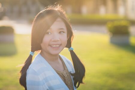 Cute Asian girl spending time in the park