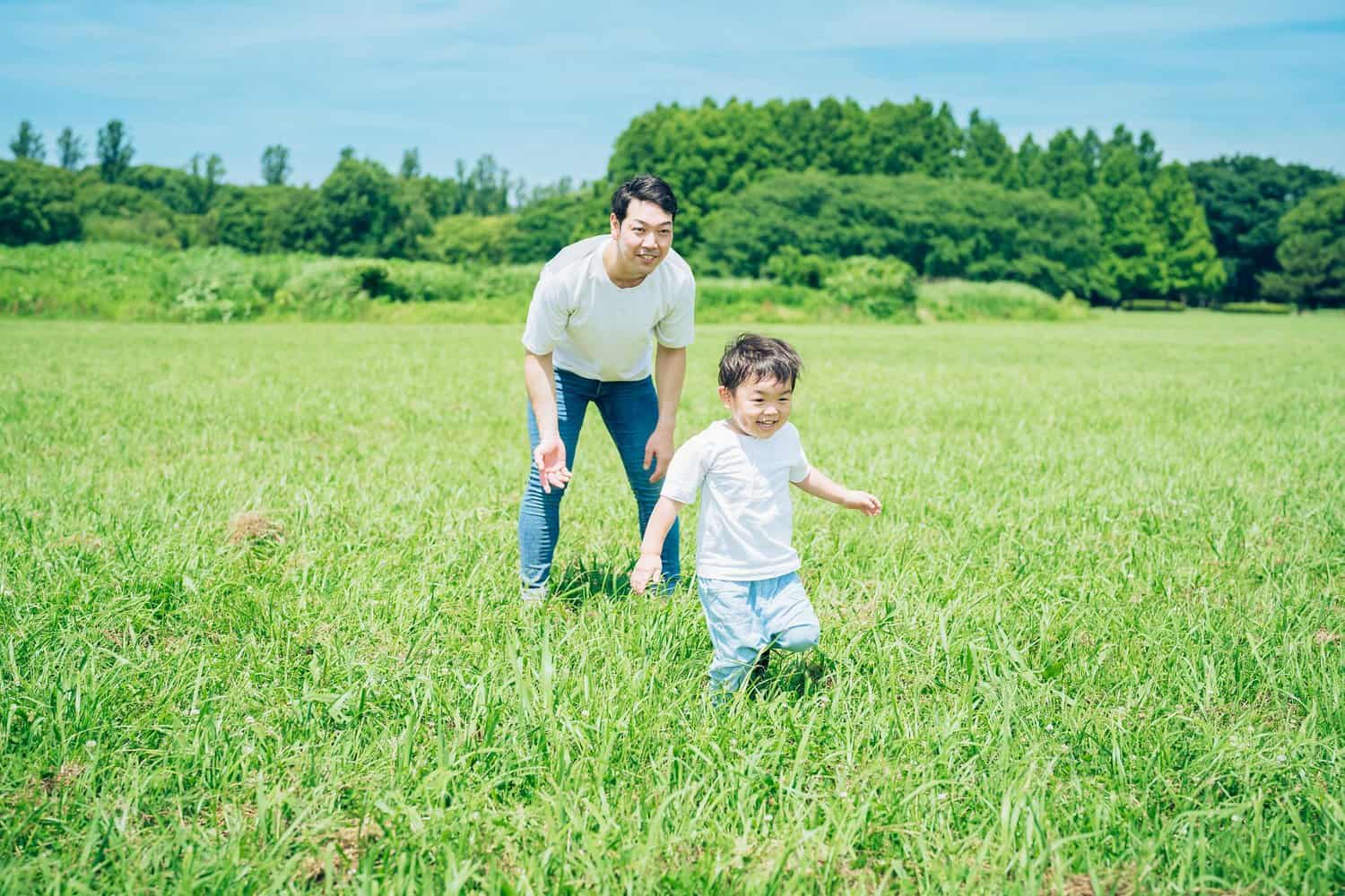 Father and son playing in the meadow on fine sunny day