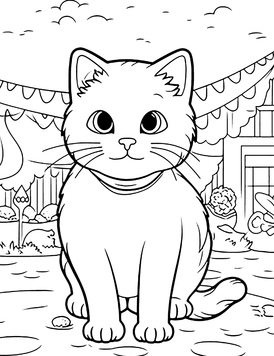 Cat at a Summer Fair Coloring Page - A cat enjoying various attractions at a bustling summer fair.