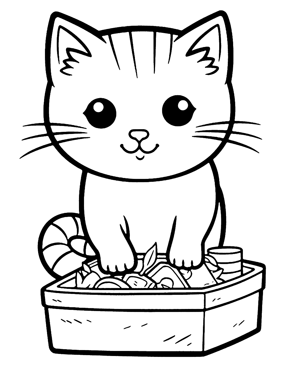 Kawaii Cat With a Bento Box Coloring Page - A kawaii cat eagerly opens a bento box full of delicious food.