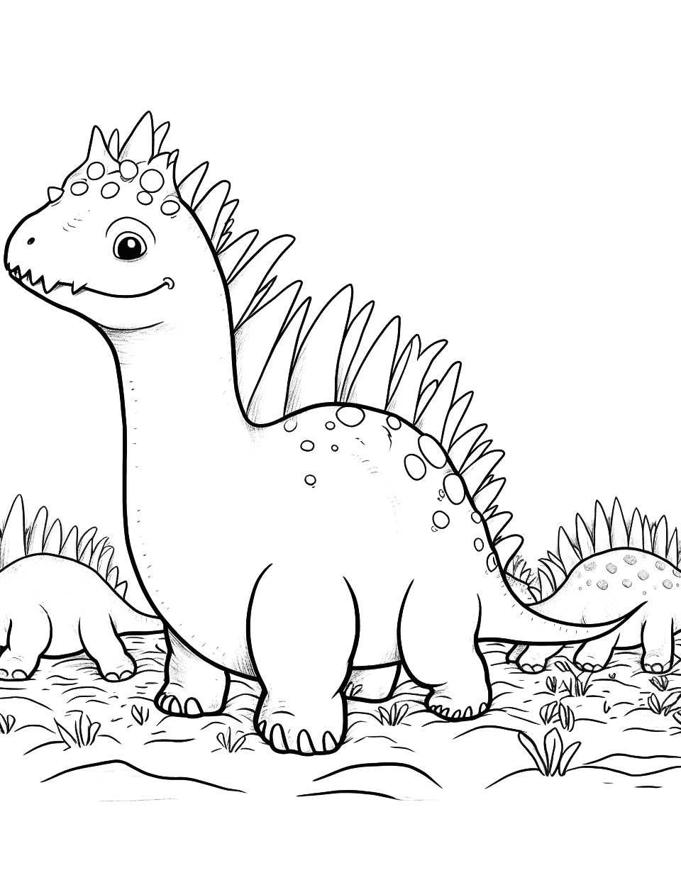 Stegosaurus Herd Dinosaur Coloring Page - A herd of Stegosaurus moving across the plain.