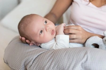 Mother with newborn baby in the nursing pillow