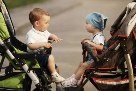 Two toddlers sitting in strollers talking to each other