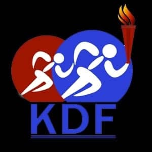 Kingdom Dominion Force logo: two runners carrying a flaming torch, over the letters KDF